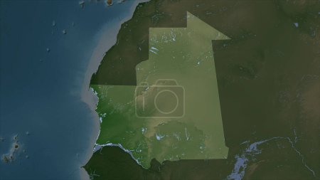 Mauritanie mise en évidence sur une carte d'altitude de couleur pâle avec lacs et rivières