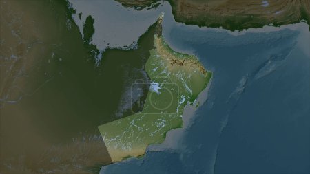 Oman auf blassfarbener Höhenkarte mit Seen und Flüssen hervorgehoben