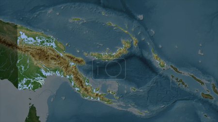 Papua New Guinea highlighted on a Pale colored elevation map with lakes and rivers