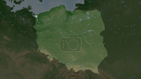 Pologne surlignée sur une carte d'altitude de couleur pâle avec lacs et rivières