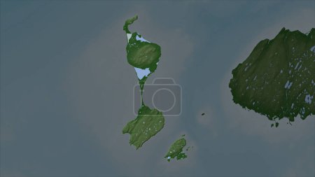 San Pedro y Miquelón resaltados en un mapa de elevación de color pálido con lagos y ríos