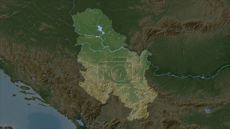 Serbia highlighted on a Pale colored elevation map with lakes and rivers