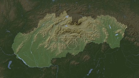 Slovakia highlighted on a Pale colored elevation map with lakes and rivers
