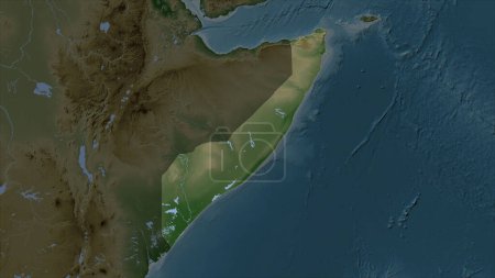 Somalie continentale surlignée sur une carte d'altitude de couleur pâle avec lacs et rivières