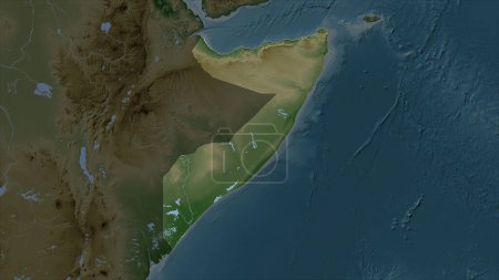 Somalia highlighted on a Pale colored elevation map with lakes and rivers