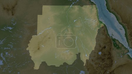 Sudan highlighted on a Pale colored elevation map with lakes and rivers