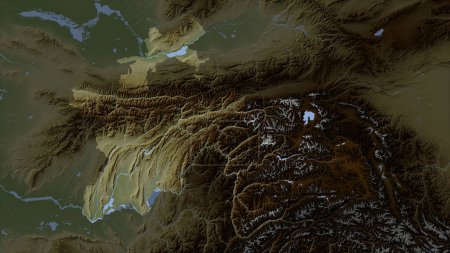 Tayikistán destaca en un mapa de elevación de color pálido con lagos y ríos