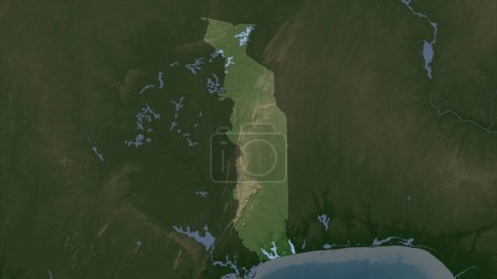 Togo resaltado en un mapa de elevación de color pálido con lagos y ríos