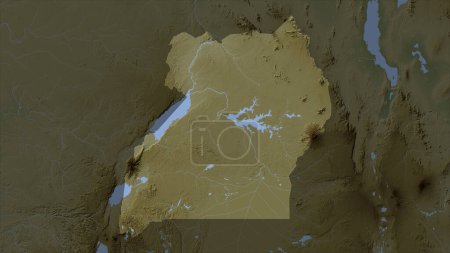 Uganda auf einer blassfarbenen Höhenkarte mit Seen und Flüssen hervorgehoben