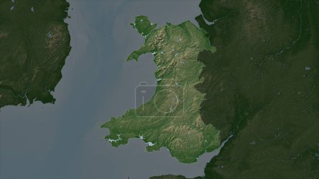 Wales - Great Britain highlighted on a Pale colored elevation map with lakes and rivers