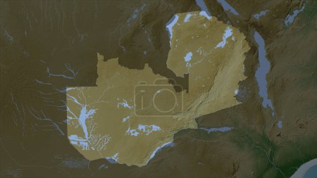 Zambia destaca en un mapa de elevación de color pálido con lagos y ríos