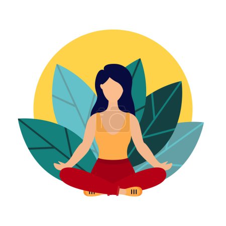 Illustration for Meditation concept, health benefits for body, mind and emotions. The girl sits in the lotus position, the birth and search for ideas. Vector illustration isolated on white background - Royalty Free Image