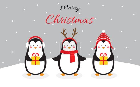 Ilustración de Lindos personajes pingüinos de Navidad sobre un fondo cubierto de nieve. Tarjeta de felicitación navideña. Ilustración vectorial en estilo doodle - Imagen libre de derechos
