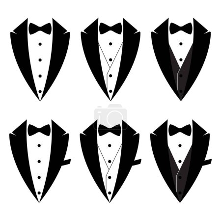 Illustration for Tuxedo set with bow ties. A symbol of service for men. The concept of a tuxedo with a bowtie. Butler Sign Gentleman. Waiter Costume. Groom's Tuxedo. Flat style vector illustration - Royalty Free Image
