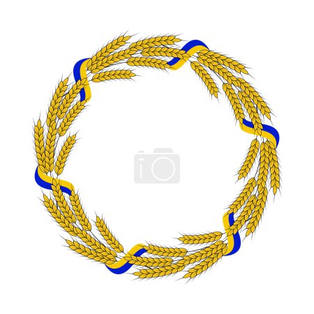 Ilustración de Vector illustration of a wreath of spikelets of wheat with the Ukrainian flag isolated on a white background with space for your text. Illustration round frame made of cereals - Imagen libre de derechos