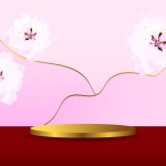 Golden 3D podium with cherry blossoms on the background. Spring backdrop for Mother's Day, Women's Day. Scene for cosmetic product demonstration. Vector illustration