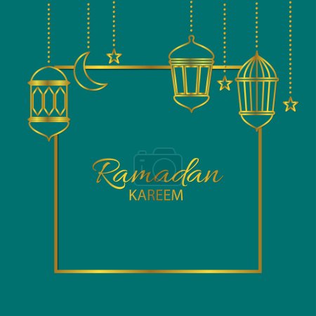 Ilustración de Una hermosa tarjeta de felicitación con linternas islámicas, estrellas y una luna creciente. El mes sagrado para los musulmanes. Ramadán Kareem. Ilustración vectorial - Imagen libre de derechos