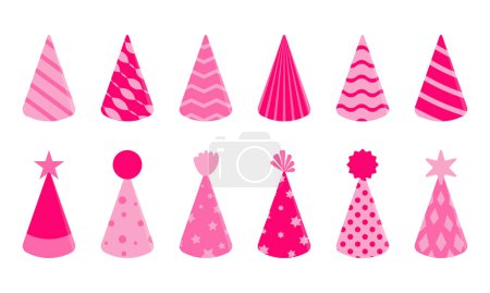 Geburtstagshüte set, rosa farbe verschiedene formen. Vektorabbildung auf weißem Hintergrund