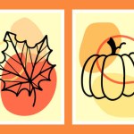 Abstract autumn posters. Modern minimalistic organic shapes in Matisse style, leaves, physalis, pumpkin, viburnum sprig. Graphic vector illustration