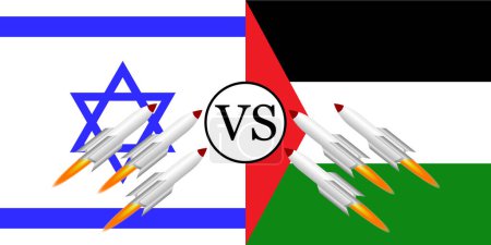 Illustration for Israel VS Palestine War - Israel and Palestine conflict - Israeli missiles VS Palestinian missiles Concept. The flag of Israel and Palestine with missiles in both directions symbolizes the war - Royalty Free Image
