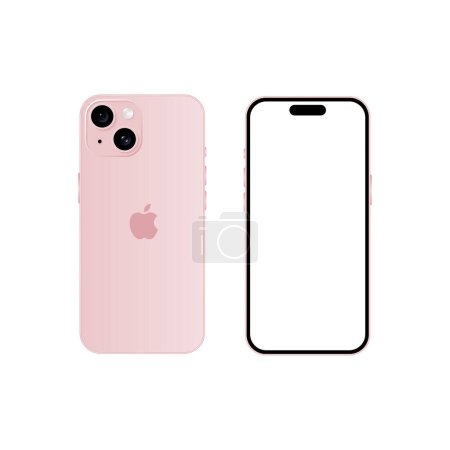Illustration for Iphone 15 model. Pink color. Front view and back view. Vector mockup. Vector illustration - Royalty Free Image
