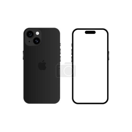 Illustration for Iphone 15 model. Black color. Front view and back view. Vector mockup. Vector illustration - Royalty Free Image