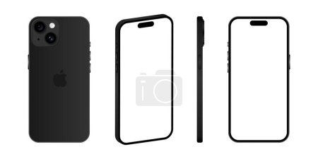 Illustration for Iphone 15 model. Black color. Front view, side view and back view. Vector mockup. Vector illustration - Royalty Free Image