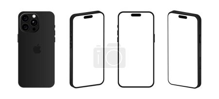 Illustration for Iphone 15 Pro model. Black titanium color. Front view, back view and different view. Vector mockup. Vector illustration - Royalty Free Image