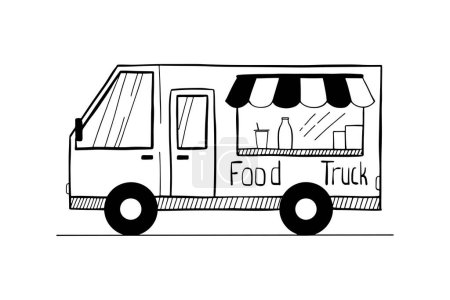 Hand drawn food truck. Food truck illustration in doodle style isolated on white background. Vector illustration