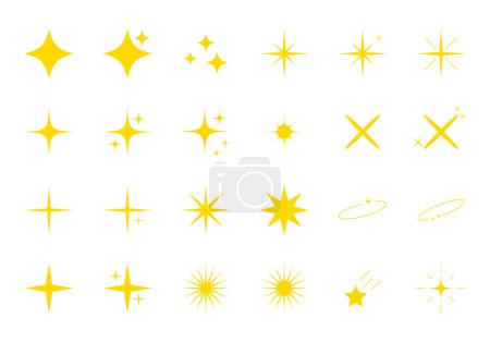 Téléchargez les illustrations : Ensemble de scintillements jaunes, étoiles vectorielles scintillantes, éclairs de feux d'artifice. Ensemble d'éléments étoiles de différentes formes - en licence libre de droit