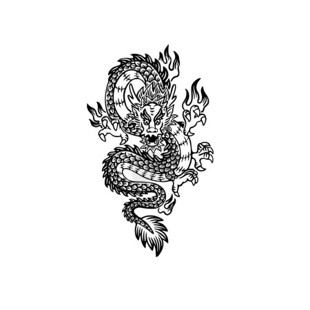 Illustration for Hand drawn engraving dragon. Black and white traditional dragon. Zodiac sign, year of the Dragon. - Royalty Free Image