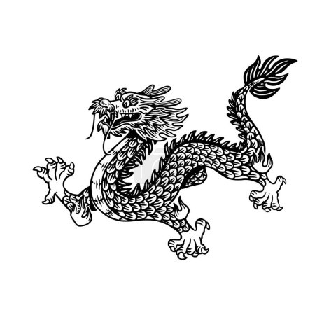 Ilustración de Dragón grabado dibujado a mano. Dragón tradicional blanco y negro. Signo del zodíaco, año del Dragón. - Imagen libre de derechos