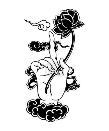 Téléchargez les illustrations : Illustration vectorielle noir et blanc de la main de bouddha - en licence libre de droit