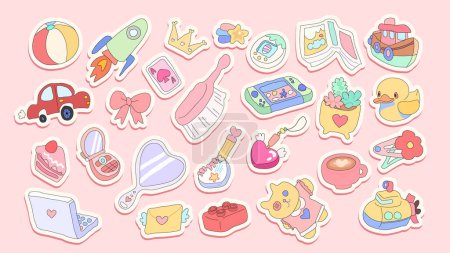 Illustration for Collection of stickers for children's toys. Bright toys in a flat style. - Royalty Free Image
