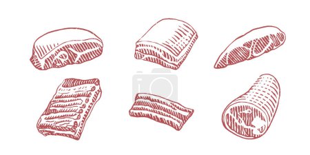 Téléchargez les illustrations : Tranches de viande Esquisse dessinée à la main illustration vectorielle de style - en licence libre de droit