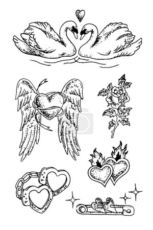 Téléchargez les illustrations : Ensemble d'illustrations de style vintage de coeurs, ailes. - en licence libre de droit