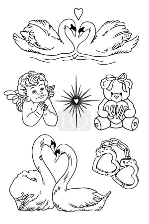 Téléchargez les illustrations : Ensemble de Cupidon, ange, amour, cœurs et fleurs, illustration vectorielle - en licence libre de droit