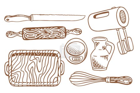 Baking equipment. Cookbook decor. Hand drawn engraving style vector illustration.