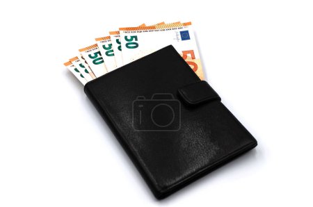 Photo for Black wallet with fifty euro bills on a white background - Royalty Free Image