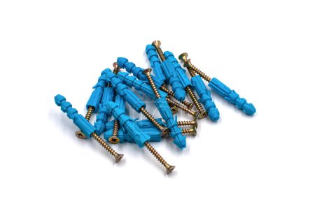 Photo for Screws and blue dowels on a white background - Royalty Free Image