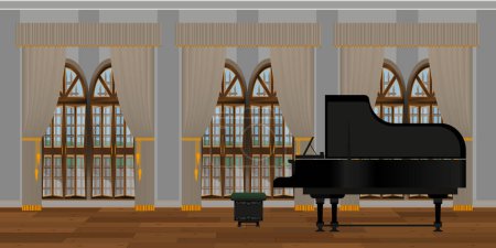 living room with mirror reflection on the floor, grand piano and columns. The interior of the living room.