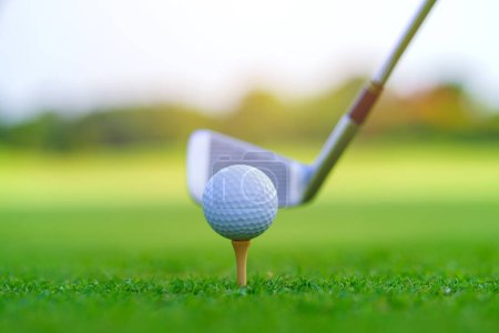 Téléchargez les photos : Boule de golf sur herbe verte prête à être frappée sur le terrain de golf. - en image libre de droit