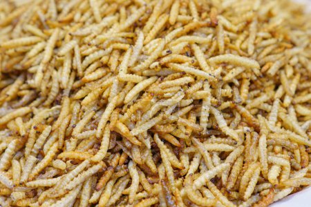 Téléchargez les photos : Fried insects mealworms or silk worms for snack, Thai food at market. - en image libre de droit