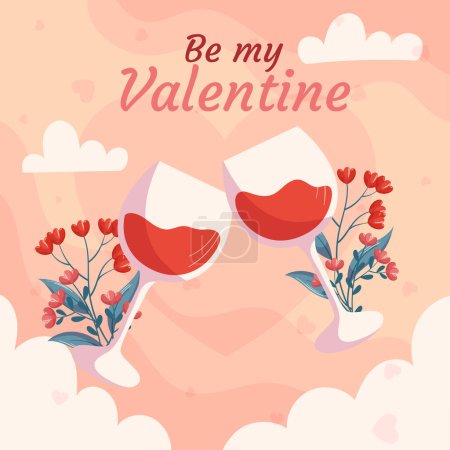Téléchargez les illustrations : St. Valentines Day design with Two glass of wine with flowers behind it on beige back white clounds.. Greeting card, square social media post template - en licence libre de droit
