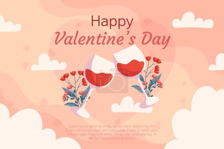 Téléchargez les illustrations : St. Valentines Day background design with Two glass of wine with flowers behind it on beige back white clounds. Greeting card - en licence libre de droit