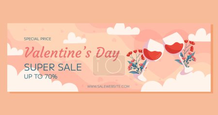 Téléchargez les illustrations : St. Valentines Day horizontal Super Sale banner template design. Two glass of wine with flowers behind it on beige back white clounds. Special Price online shopping - en licence libre de droit