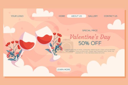 Téléchargez les illustrations : St. Valentine's Day Landing page template design. Two glass of wine with flowers behind it on beige back white clounds. Special Price concept online shopping - en licence libre de droit