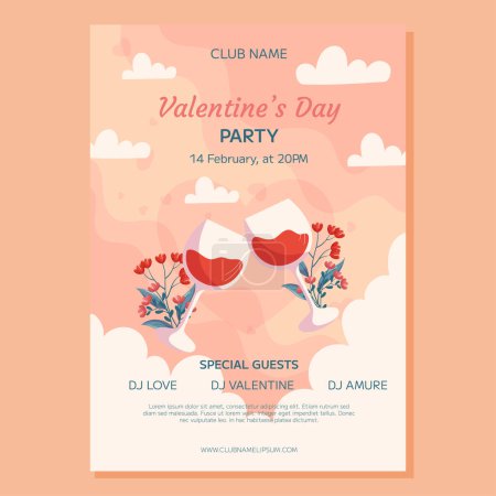 Téléchargez les illustrations : Valentine's Day Party poster template design. Two glass of wine with flowers behind it on beige back white clounds. Event invitation for club - en licence libre de droit