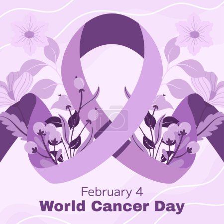 Ilustración de World Cancer Awareness Day February 4th. Lilac or purple ribbon symbol of cancer with floral elements. Stop cancer campaign Health care square template for social media or website - Imagen libre de derechos