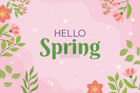 Illustration for Pink flowers and green leaves framing rectangular space, soft background. Playful script text Hello Spring seasonal design and promotion. Evoking feeling of renewal and fresh starts that spring brings - Royalty Free Image